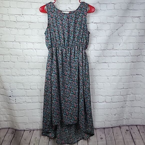 Three Seasons Maternity Sundress Navy Floral Chiffon Hi-Lo Midi Mom Tank Dress - Picture 3 of 9